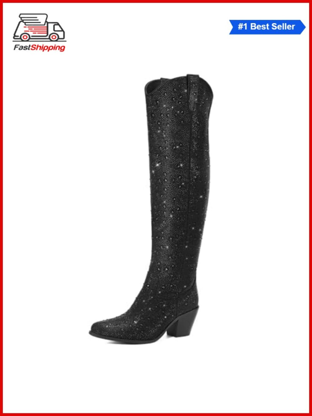 Rhinestone Over the Knee Cowboy Boots Pointed Toe Block Heel Western